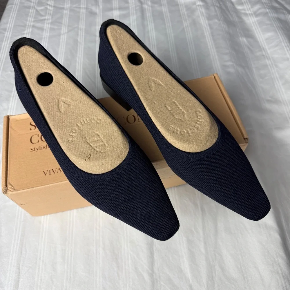 Vivaia Pointed-Toe Knit Block Heel Pumps‎ Comfortable Flats Shoes Size 8 EUR 39